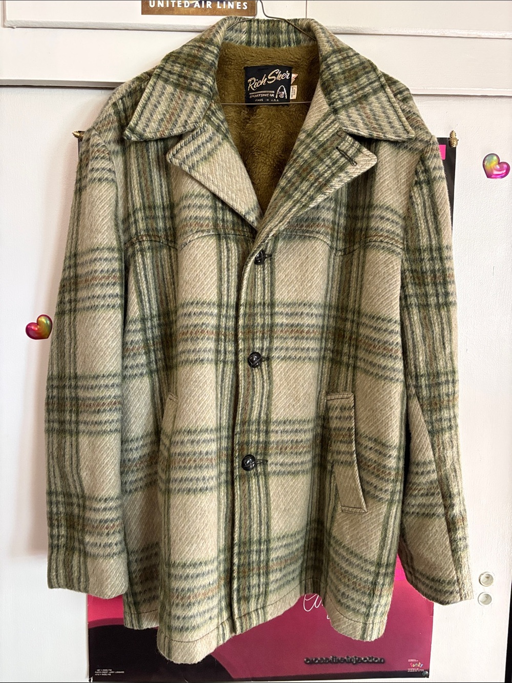 Vintage 1960s Green Plaid Wool Blend Winter Coat w/ Fur Lining - Men’s XL